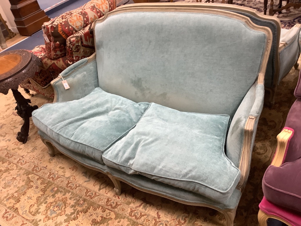 A pair of Louis XVI design two seater sofas, length 152cm, depth 95cm, height 92cm